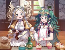 2girls apron blonde_hair blush buttons center_frills commentary commission cooking curtains dress english_commentary fire_emblem fire_emblem:_three_houses fire_emblem_awakening fire_emblem_heroes frills green_eyes green_hair indoors juliet_sleeves lissa_(fire_emblem) long_hair long_sleeves multiple_girls nintendo pointy_ears puffy_short_sleeves puffy_sleeves rein_creamsoda short_sleeves sothis_(fire_emblem) table twintails twitter_username very_long_hair white_apron window wooden_floor yellow_dress