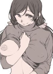 Rule 34 | 10s, 1girl, arm between breasts, ayumu-k, between breasts, blush, breasts, clothes lift, commentary request, covered erect nipples, flashing, greyscale, highres, large breasts, lifted by self, long hair, looking at viewer, love live!, love live! school idol project, monochrome, nipples, no bra, one breast out, oppai challenge, scrunchie, seductive smile, shirt, shirt lift, simple background, smile, solo, standing, sweat, tojo nozomi, twintails, upper body, white background