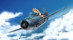 Rule 34 | 1girl, above clouds, aircraft, airplane, artist name, blonde hair, blue eyes, blue sky, boots, cloud, cloudy sky, commentary, dated, day, emblem, f4f wildcat, flying, gloves, goggles, goggles on head, highres, horizon, knee pads, long hair, open mouth, original, ponytail, propeller, shirt, short sleeves, shorts, signature, sky, solo, tokihama jirou, vehicle focus