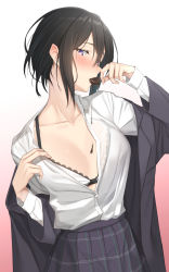 Rule 34 | 1girl, absurdres, black hair, blouse, blush, bra, breasts, chocolate, chocolate on body, chocolate on breasts, collarbone, collared shirt, dress shirt, eating, food on body, gradient background, grey skirt, hair between eyes, highres, looking at viewer, open clothes, open shirt, original, pallad, partially unbuttoned, pink background, plaid, plaid skirt, pleated skirt, purple eyes, shirt, short hair, skirt, small breasts, solo, underwear, white background, white bra, white shirt, wing collar