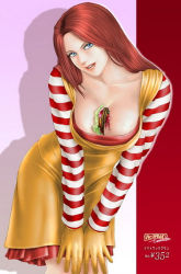 Rule 34 | 1girl, blue eyes, breasts, burger, cleavage, food, gender request, genderswap, large breasts, long hair, mcdonald&#039;s, mcgrand, red hair, ronald mcdonald, solo, toten (der fuhrer), translation request