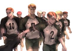 Rule 34 | 6+boys, aged up, alternate costume, alternate universe, armin arlert, black shorts, connie springer, eren yeager, facial hair, feet out of frame, floch forster, frown, goatee, grabbing, height difference, highres, jean kirstein, kyojinjoa, levi (shingeki no kyojin), male focus, marco bott, marlowe freudenberg, multiple boys, pectorals, shingeki no kyojin, short hair, shorts, sportswear, volleyball uniform
