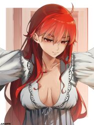 1girl ahoge artist_name breasts breasts_apart closed_mouth collarbone commentary eris_greyrat hair_between_eyes highres junarts large_breasts long_hair looking_at_viewer mushoku_tensei nightgown no_bra official_alternate_costume outstretched_arms red_eyes red_hair sagging_breasts solo spread_arms symbol-only_commentary upper_body white_nightgown wide_sleeves