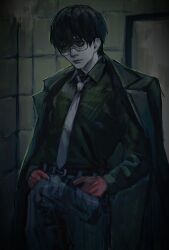 Rule 34 | 1boy, black hair, black shirt, closed mouth, cowboy shot, crurry (trenos x), glasses, gloves, grey necktie, grey pants, hands in pockets, highres, jacket, jacket on shoulders, kaneki ken, long sleeves, male focus, necktie, pants, red gloves, shirt, short hair, solo, standing, striped clothes, striped pants, tile wall, tiles, tokyo ghoul, tokyo ghoul:re