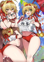 Rule 34 | 10s, 1girl, :d, anus, anus peek, ass, back, blush, bound, bound wrists, breasts, buruma, censored, cleavage, confetti, fate/extra, fate/grand order, fate (series), fellatio, flag, green eyes, group sex, gym uniform, hair intakes, has uncensored version, headband, heart, heart-shaped pupils, heart censor, hetero, large breasts, looking at viewer, medal, midriff, nero claudius (fate), nero claudius (fate) (all), nero claudius (fate/extra), nero claudius (olympian bloomers) (fate), nipples, official alternate costume, open mouth, oral, osiimi, penis, saliva, sex, sideboob, smile, solo focus, sweat, symbol-shaped pupils, tears, teeth, tongue, tongue out, vaginal