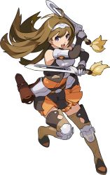 Rule 34 | 1girl, antenna hair, arm up, armor, artist request, bare shoulders, belt, black gloves, boots, breastplate, breasts, brown footwear, brown hair, dress, dual wielding, elbow gloves, faulds, female focus, full body, gloves, grey hairband, hair intakes, hairband, halter dress, halterneck, highres, holding, holding sword, holding weapon, knee pads, leg up, long hair, looking at viewer, non-web source, official art, orange dress, pleated dress, purple eyes, sheath, sidelocks, simple background, sleeveless, sleeveless dress, small breasts, solo, standing, standing on one leg, sword, thigh boots, thighhighs, transparent background, v-shaped eyebrows, weapon, world flipper, yuna (world flipper), zettai ryouiki