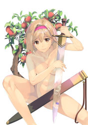 Rule 34 | 1girl, blonde hair, breasts, brown eyes, closed mouth, collarbone, completely nude, djeeta (granblue fantasy), full body, granblue fantasy, hairband, highres, holding, holding sword, holding weapon, looking at viewer, medium breasts, medium hair, naruse hirofumi, nude, red hairband, scabbard, sheath, sitting, solo, sword, weapon, white background