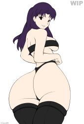 Rule 34 | 1girl, ass, ass focus, black hair, breasts, curvy, highres, huge ass, katsuragi misato, large breasts, long hair, looking at viewer, looking back, medium breasts, neon genesis evangelion, purple hair, solo, strapless, thick thighs, thighs, thong, tight clothes, tube top, wide hips, zonen404