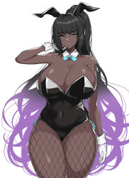 Rule 34 | animal ears, arm tattoo, black hair, black leotard, blue archive, blue neckwear, blush, bow, bowtie, breasts, cleavage, covered navel, dark-skinned female, dark skin, detached collar, fake animal ears, fishnet pantyhose, fishnets, gloves, hella p, highres, karin (blue archive), karin (bunny) (blue archive), large breasts, leotard, long hair, official alternate costume, pantyhose, playboy bunny, shiny clothes, shiny skin, solo, tattoo, traditional bowtie, very long hair, wide hips, wrist cuffs, yellow eyes