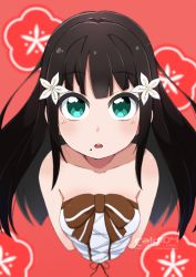 Rule 34 | 1girl, aqua eyes, arms behind back, artist name, artist request, bare shoulders, black hair, blunt bangs, blush, breasts, collarbone, dress, female focus, flower, green eyes, hair flower, hair ornament, highres, kurosawa dia, long hair, looking at viewer, love live!, love live! school idol festival, love live! sunshine!!, mole, mole under mouth, parted lips, rald104, red background, shirt, sleeveless, sleeveless shirt, smile, solo, strapless, strapless dress, torikoriko please!!, upper body, white dress