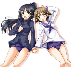 Rule 34 | 2girls, :d, black hair, breasts, brown hair, buttons, holding hands, hattori shizuka, looking at viewer, medium breasts, military, military uniform, miyafuji yoshika, multiple girls, one-piece swimsuit, open mouth, ponytail, red liquid (artist), school swimsuit, smile, strike witches, swimsuit, swimsuit under clothes, uniform, world witches series, yellow eyes