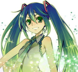 Rule 34 | 1girl, bad id, bad pixiv id, gotou hisashi, green eyes, green hair, hatsune miku, long hair, matching hair/eyes, necktie, nonem, smile, solo, twintails, vocaloid
