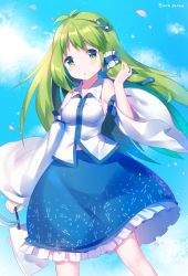Rule 34 | 1girl, artist name, baozishark, bare shoulders, blue skirt, blue sky, cloud, commentary, dated, day, detached sleeves, feet out of frame, frills, frog hair ornament, green eyes, green hair, hair ornament, hair tubes, hand up, head tilt, highres, holding, kochiya sanae, long hair, long sleeves, looking at viewer, parted lips, petticoat, shirt, signature, skirt, sky, sleeveless, sleeveless shirt, snake hair ornament, solo, standing, touhou, white shirt, wide sleeves, wing collar