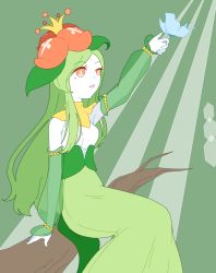 Rule 34 | 1girl, arm up, breasts, bug, butterfly, colored skin, corset, creatures (company), crown, detached sleeves, female focus, game freak, gen 5 pokemon, green background, green hair, green skirt, happy, highres, insect, light rays, lilligant, long hair, medium breasts, mini crown, muguet, nintendo, open mouth, orange eyes, personification, pokemon, see-through, shirt, simple background, sitting, skirt, sleeveless, sleeveless shirt, smile, solo, sunbeam, sunlight, white shirt, white skin