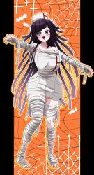 1girl apron bandages blush breasts danganronpa_(series) danganronpa_2:_goodbye_despair halloween_costume hat highres large_breasts long_hair mole mole_under_eye mozuku_(iiiiiiimomo) multicolored_hair mummy_costume naked_bandage no_shoes nurse_cap teeth tsumiki_mikan two-tone_hair upper_teeth_only white_apron