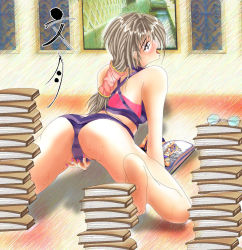 Rule 34 | 1girl, bad anatomy, barefoot, bikini, female masturbation, from behind, glasses, kneeling, long legs, looking back, masturbation, open mouth, ponytail, poorly drawn, solo focus, striped bikini, striped clothes, sweat, swimsuit