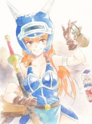 Rule 34 | 1boy, 1girl, agahari, armlet, armor, bare shoulders, belt, blue armor, breasts, brown eyes, brown gloves, brown hair, cleavage, closed mouth, daisy (dq), dragon quest, dragon quest yuusha abel densetsu, fake horns, gloves, helmet, horned helmet, horns, long hair, looking at viewer, smile, square enix, sword, v, weapon, yanak