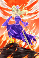 Rule 34 | 1990s (style), 1girl, bare shoulders, blonde hair, blue eyes, cloud strife, detached sleeves, dress, earrings, female focus, final fantasy, final fantasy vii, gender request, genderswap, hair ornament, high heels, highres, jewelry, long hair, outdoors, redcat, shoes, sky, solo, sword, torn clothes, weapon