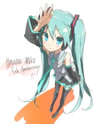 Rule 34 | 1girl, aqua eyes, aqua hair, detached sleeves, from above, happy birthday, hatsune miku, long hair, necktie, skirt, smile, solo, thighhighs, twintails, very long hair, vocaloid