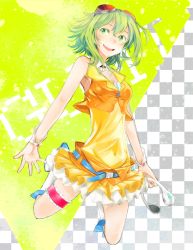 Rule 34 | 1girl, belt, character name, checkered background, full body, goggles, goggles on head, green eyes, green hair, gumi, headphones, headphones removed, jumping, matching hair/eyes, short hair, sleeveless, smile, solo, suzettecrepe, thigh strap, vocaloid