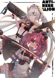 Rule 34 | 2girls, apron, assault rifle, black skirt, breasts, chromatic aberration, closed mouth, commentary, cowboy shot, detached sleeves, diyokama, dual wielding, dutch angle, english commentary, english text, eyepatch, fang, flat chest, frilled skirt, frills, grey hair, gun, hair intakes, hair ornament, hairclip, highres, holding, holding gun, holding weapon, katana, long hair, looking at viewer, maid, maid apron, maid headdress, medium breasts, medium hair, multiple girls, original, pink hair, pleated skirt, purple eyes, red eyes, rifle, simple background, skin fang, skirt, sword, twintails, very long hair, weapon, white apron, white background, wide sleeves