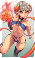 Rule 34 | 1girl, bikini, black thighhighs, blush, borrowed character, breasts, cinder (norasuko), collar, cuffs, demon girl, demon horns, demon tail, detached sleeves, eigaka, fire, flaming hand, glowing, glowing hand, highres, horns, lips, looking at viewer, navel, o-ring, o-ring bikini, orange eyes, original, pointy ears, puckered lips, shackles, sharp claws, short hair, silver hair, single detached sleeve, single thighhigh, skull, small breasts, solo, swimsuit, tail, thighhighs, very long tail