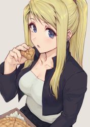 Rule 34 | 1girl, black jacket, blonde hair, blue eyes, blush, breasts, cleavage, collarbone, earrings, eating, food, fullmetal alchemist, haoni, highres, jacket, jewelry, large breasts, long hair, long sleeves, looking at viewer, open clothes, open jacket, open mouth, pie, ponytail, shirt, sidelocks, simple background, solo, swept bangs, white shirt, winry rockbell