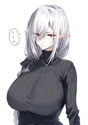 Rule 34 | ..., 1girl, alternate costume, arknights, black sweater, braid, breasts, closed mouth, commentary request, cowboy shot, expressionless, gladiia (arknights), highres, horn/wood, huge breasts, long hair, long sleeves, looking at viewer, pants, parted bangs, pointy ears, red eyes, ribbed sweater, simple background, single braid, slit pupils, solo, spoken ellipsis, sweater, turtleneck, turtleneck sweater, white background, white hair