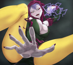 Rule 34 | 1girl, anacondy (yes! precure 5), assertive female, blush, bodai, breasts, cleavage, electricity, femdom, fingernails, from below, girl on top, green eyes, large breasts, lipstick, long fingernails, makeup, nail polish, pantyhose, perspective, precure, purple hair, solo, yellow pantyhose