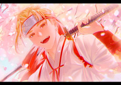 Rule 34 | 1boy, :d, absurdres, blonde hair, cherry blossoms, day, headband, highres, himari ( h i8), holding, holding weapon, jigokuraku, katana, letterboxed, male focus, open mouth, outdoors, red eyes, red headband, signature, smile, solo, sword, tasuki, upper body, weapon, yamada asaemon tenza
