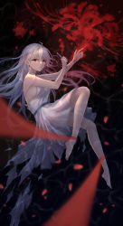 Rule 34 | 1girl, absurdres, afloat, ahoge, bare shoulders, barefoot, black background, bleeding, blood, blood on hands, bloody weapon, boxcutter, crying, crying with eyes open, depressed, dress, eyeshadow, fingernails, flower, grey hair, hair between eyes, highres, holding, holding boxcutter, holding knife, injury, knife, long hair, lying, makeup, on side, original, parted lips, partially submerged, petals, petals on liquid, red background, red eyes, red eyeshadow, red flower, see-through silhouette, self-harm, silhouette, solo, spider lily, tears, torn, torn clothes, torn dress, two-tone background, water, weapon, wet, white dress, yelan xing xuan