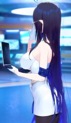 Rule 34 | 1girl, adjusting eyewear, armband, ass, back, bare shoulders, black hair, black pantyhose, blue archive, blue armband, blue hair, blurry, blurry background, breasts, colored inner hair, commentary request, computer, dress, from side, glasses, gloves, half gloves, halo, highres, holding, holding laptop, indoors, laptop, large breasts, long hair, monitor, multicolored hair, pantyhose, pencil skirt, pointy ears, rin (blue archive), s2j00, skirt, sleeveless, sleeveless dress, solo, two-tone hair, very long hair, white dress, white gloves