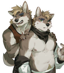 Rule 34 | 2boys, abs, animal ears, bara, bare pectorals, bare shoulders, belly, body fur, dog boy, dog ears, dog tail, eyebrow cut, facial hair, fangs, furry, furry male, goatee, green eyes, hands on another&#039;s shoulders, highres, light blush, looking at viewer, male focus, multiple boys, muscular, muscular male, navel, nipples, one eye closed, original, pectoral cleavage, pectorals, red tank top, seato-hao, short hair, sideburns, snout, stomach, tail, tank top, undressing, upper body