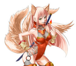 Rule 34 | 1girl, animal ears, bare shoulders, breasts, cigar, cigarette, fire, fishnets, fox ears, fox tail, green eyes, hand on own hip, hip focus, katana, leotard, long hair, mayumio88, medium breasts, middle finger, mouth hold, multiple tails, pink hair, pyrokinesis, red leotard, reki-dama, solo, sword, tail, thighhighs, weapon, white background