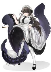 Rule 34 | 1girl, absurdres, apron, black dress, black footwear, black hair, blue eyes, breasts, clothes hanger, clothes lift, dress, dress lift, female focus, full body, highres, large breasts, long hair, maid, maid apron, maid headdress, megumi chu chu, monster girl, necktie, open mouth, original, shoes, simple background, solo, tentacles, thighhighs, white background, white thighhighs