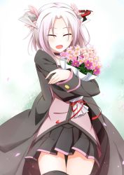 Rule 34 | 1girl, :d, black coat, black skirt, black thighhighs, bouquet, coat, collar, collarbone, cowboy shot, closed eyes, flower, horns, long sleeves, open mouth, original, ouka september, petals, pink hair, pleated skirt, red-eyes macadamiachoco, red ribbon, ribbon, short hair, skirt, smile, solo, thighhighs, trench coat, vest, zettai ryouiki