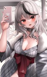 Rule 34 | 1girl, absurdres, black collar, black hair, blush, breasts, cellphone, cleavage, collar, ear piercing, fang, grey hair, grey kimono, highres, holding, holding phone, hololive, japanese clothes, kimono, large breasts, long hair, looking at viewer, multicolored hair, no panties, open mouth, phone, piercing, red eyes, red nails, red sash, sakamata chloe, sash, scarlet (wv0102), smartphone, solo, streaked hair, striped clothes, striped kimono, vertical-striped clothes, vertical-striped kimono, virtual youtuber