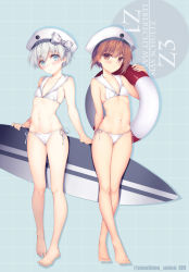 Rule 34 | 2girls, barefoot, bikini, bow, breasts, brown eyes, brown hair, character name, cosplay, feet, grey eyes, hat, hat bow, highres, holding, holding behind back, kantai collection, looking at viewer, multiple girls, obiwan, sailor bikini, sailor collar, sailor hat, short hair, side-tie bikini bottom, silver hair, small breasts, standing, striped, striped bow, surfboard, swimsuit, white bikini, white bow, z1 leberecht maass (kancolle), z3 max schultz (kancolle), z3 max schultz (kancolle) (cosplay)