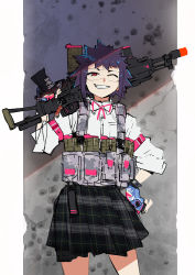 Rule 34 | 1girl, black skirt, bulletproof vest, cowboy shot, fingerless gloves, gloves, goggles, grin, gun, highres, holding, holding weapon, looking at viewer, one eye closed, pleated skirt, pouch, purple hair, red eyes, rifle, ryota-h, shirt, short hair, sketch, skirt, smile, solo, toy gun, weapon, white shirt