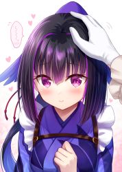 Rule 34 | 1girl, 1other, black hair, blush, closed mouth, commentary request, flying sweatdrops, gloves, hand up, headpat, heart, highres, japanese clothes, karasuba (prima doll), kimono, long hair, long sleeves, looking at viewer, multicolored hair, nakamura hinato, ponytail, prima doll (anime), purple eyes, purple hair, purple kimono, spoken blush, streaked hair, upper body, white background, white gloves