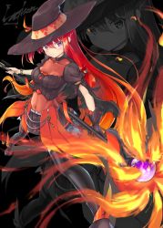 Rule 34 | 1girl, artist name, bad id, bad pixiv id, black background, black gloves, black hat, black shirt, black skirt, black thighhighs, blush, bodysuit, breasts, cape, commentary request, crop top, fire, gloves, hair between eyes, hat, highres, holding, holding wand, lajhen2651, looking at viewer, medium breasts, navel, original, puffy sleeves, purple eyes, red bodysuit, red hair, shirt, simple background, single glove, skirt, solo, thighhighs, wand, witch hat, wristband