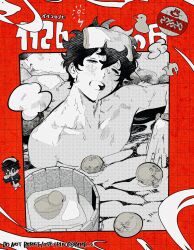 Rule 34 | 1boy, amamiya ren, bathing, btmr game, bucket, chibi, closed eyes, food, fruit, hair between eyes, highres, male focus, monochrome, multiple views, nude, onsen, open mouth, orange (fruit), partially submerged, persona, persona 5, rubber duck, spot color, squeans, steam, towel, towel on head, twitter username, water, wet, wooden bucket