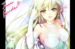 Rule 34 | 1girl, :d, alternate costume, artist name, bad id, bad pixiv id, bare shoulders, breasts, bridal veil, bride, choker, collarbone, crescent, crescent earrings, dress, earrings, elbow gloves, elf, elsword, english text, eyebrows, gloves, green eyes, green hair, hair between eyes, tucking hair, halterneck, hand up, heart, icedango (dpopic3), jewelry, lens flare, long hair, looking at viewer, matching hair/eyes, medium breasts, motion blur, open mouth, petals, pillarboxed, pointy ears, rena erindel, see-through, simple background, sleeveless, smile, solo, upper body, veil, wedding dress, white background, white dress