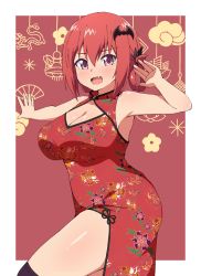 Rule 34 | 1girl, bare shoulders, blush, breasts, chinese clothes, cleavage, fang, gabriel dropout, highres, satanichia kurumizawa mcdowell, large breasts, looking at viewer, nyaroon, purple eyes, red hair, smile, solo