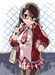 Rule 34 | 1girl, 2012, bag, black-framed eyewear, black eyes, blazer, blush stickers, bracelet, braid, breasts, brown hair, chain-link fence, dated, fence, glasses, hand in pocket, hand on own shoulder, jacket, jewelry, junkpuyo, light smile, long hair, medium breasts, necktie, open clothes, open jacket, original, pantyhose, plaid, plaid skirt, pleated skirt, school uniform, short hair, short twintails, skirt, smile, solo, tentacle bento, track jacket, twin braids, twintails, watch, wristwatch