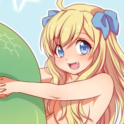 Rule 34 | blonde hair, blue eyes, blue ribbon, blush, commentary request, fangs, hair censor, hair over breasts, holding tail, jashin-chan, jashin-chan dropkick, lamia, long hair, monster girl, nude, open mouth, ribbon, shimeta hiromitsu, solo, tail