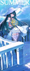 Rule 34 | 1girl, blue eyes, blue hair, blush, bouquet, braid, cloud, commentary, day, dress, english text, flower, frilled dress, frills, grey thighhighs, hat, hayama eishi, highres, holding, holding bouquet, long hair, looking at viewer, original, outdoors, petals, railing, side braids, sky, smile, solo, summer, sun hat, sweat, symbol-only commentary, thighhighs, very long hair, white dress, white hat