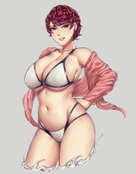 Rule 34 | 1girl, absurdres, bikini, breasts, commentary, earrings, english commentary, eyeliner, grey background, highres, jewelry, large breasts, looking at viewer, makeup, mole, mole under eye, nattapuumuu, navel, open mouth, original, purple eyes, red hair, shawl, short hair, simple background, smile, solo, swimsuit, water