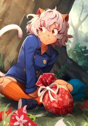 Rule 34 | 1other, :3, absurdres, androgynous, animal ears, artist name, blue jacket, breasts, bush, buttons, cat ears, cat tail, commentary, day, double-breasted, english commentary, gift, highres, hunter x hunter, jacket, khyle., kneehighs, neferpitou, outdoors, patreon logo, patreon username, red eyes, scissors, short hair, sitting, small breasts, smile, socks, solo, tail, tree, watermark, web address