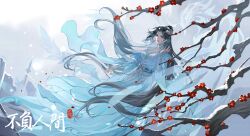 Rule 34 | 1girl, absurdres, arm up, bird, black hair, blood, blood on face, blue dress, closed mouth, doupo cangqiong, dress, hair bun, hair ornament, highres, jewelry, long hair, looking at viewer, necklace, planted, planted sword, planted weapon, rock, sash, smile, snow, solo, sword, tang qi zang, upper body, weapon, yun yun (doupo cangqiong)